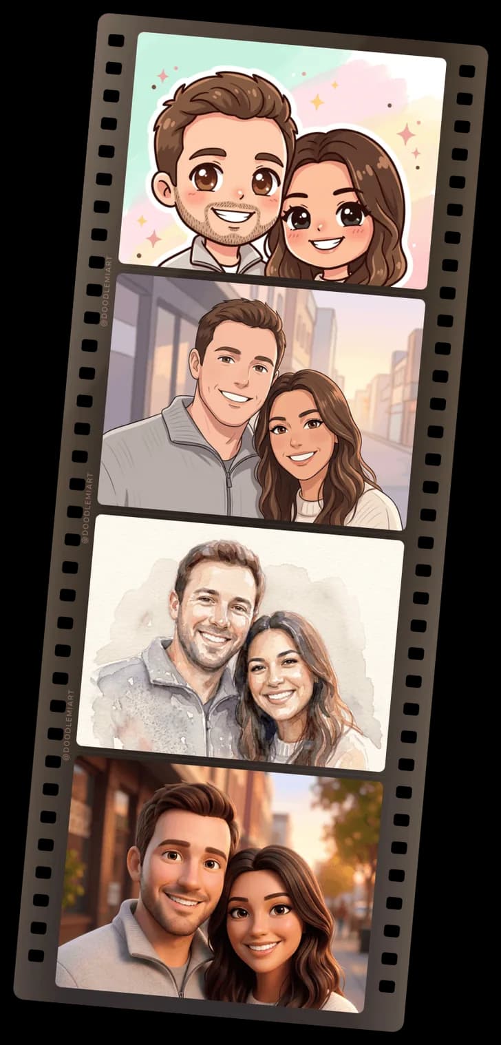 Four illustrated couple portrait styles in a film strip