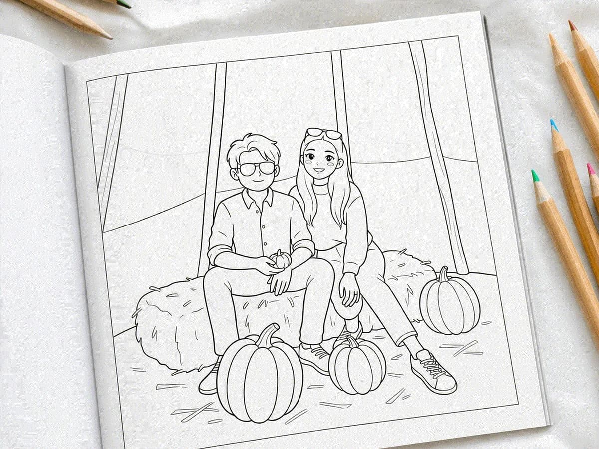 An open custom coloring book with a personalized couple page