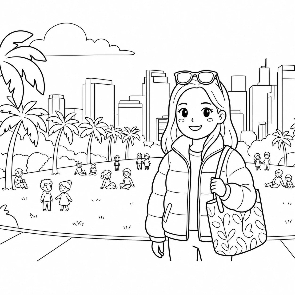 A city park portrait turned into a coloring page
