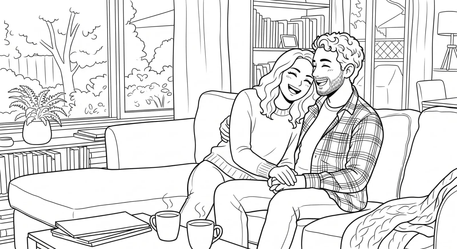 A couple laughing together at home