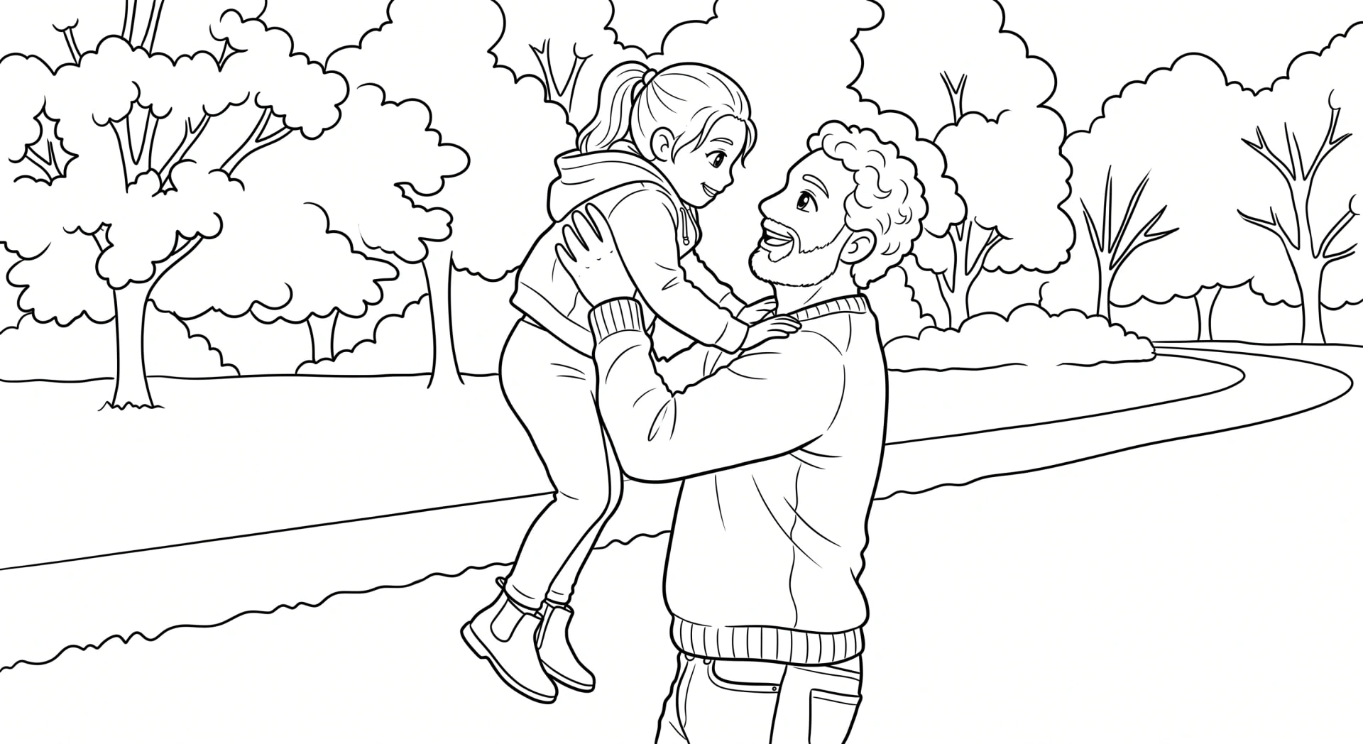 The same dad and daughter transformed into a custom coloring page