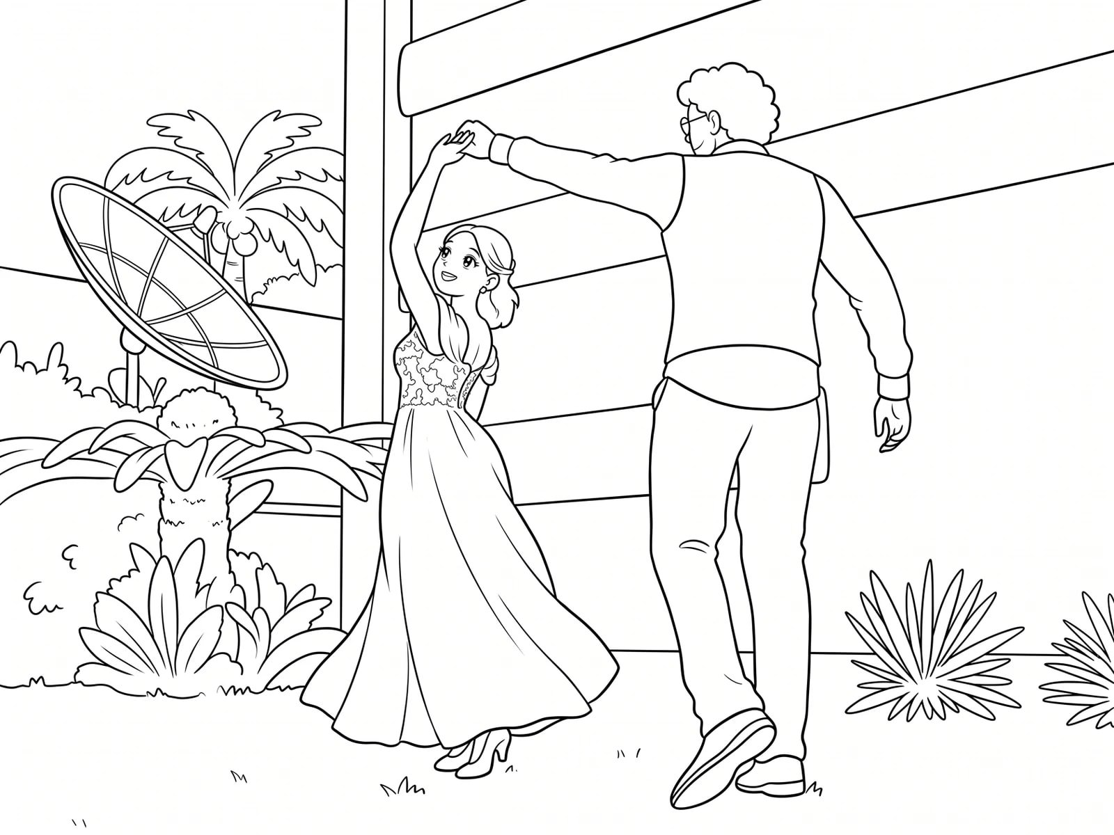 The same bride and groom transformed into a custom wedding coloring page