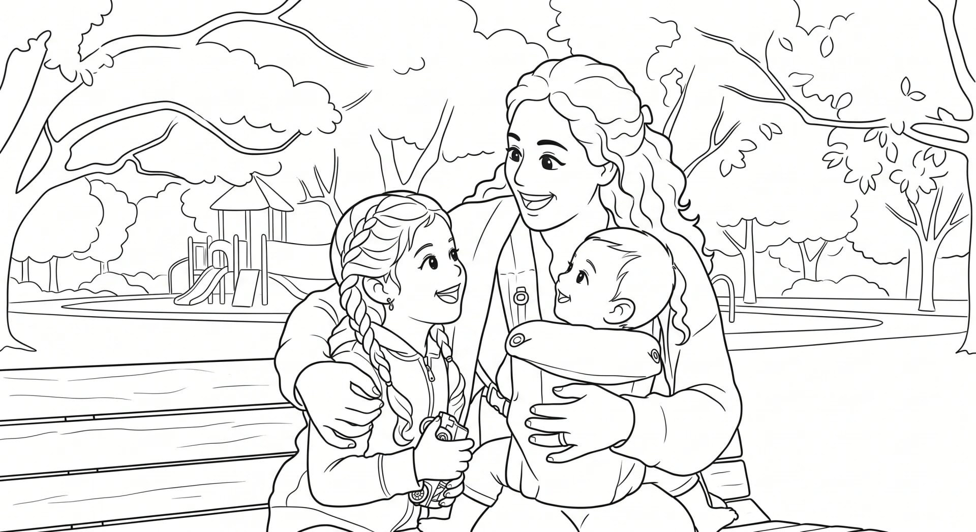 The same mom and children transformed into a custom coloring page