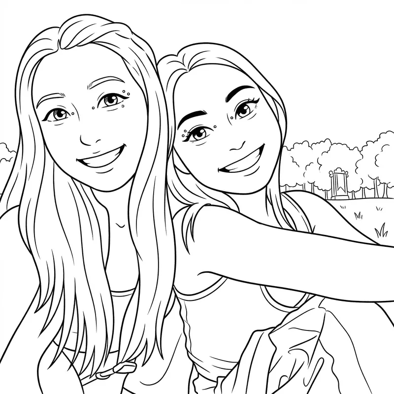 Friends together coloring page made from a photo