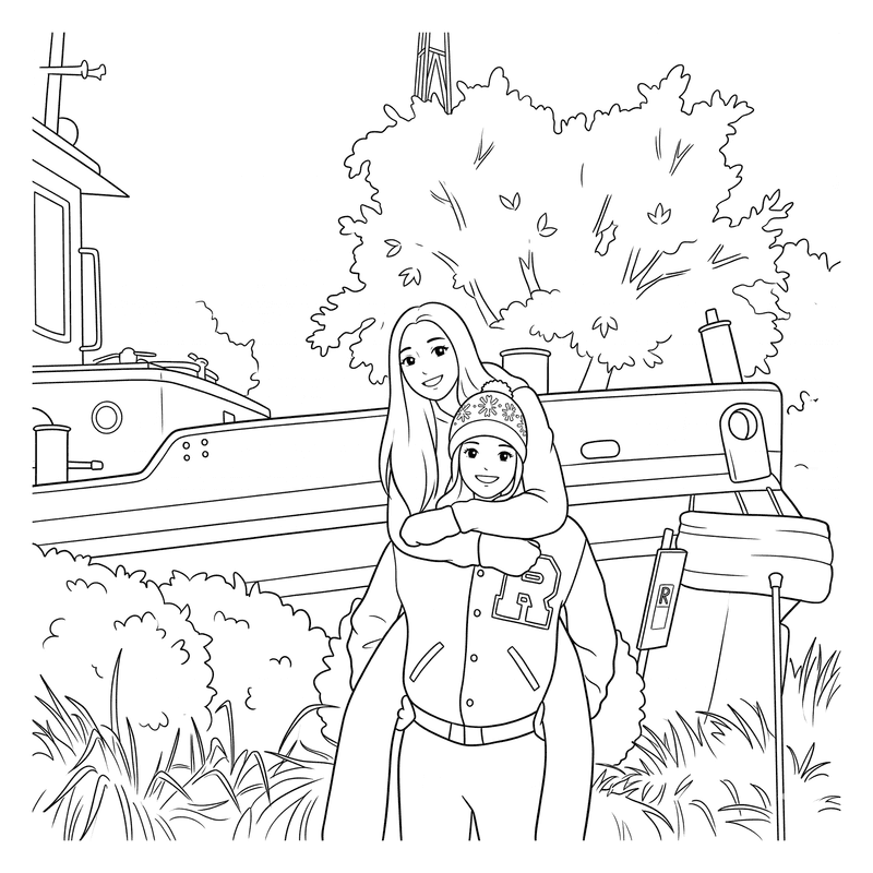 Friend by a tree coloring page made from a photo