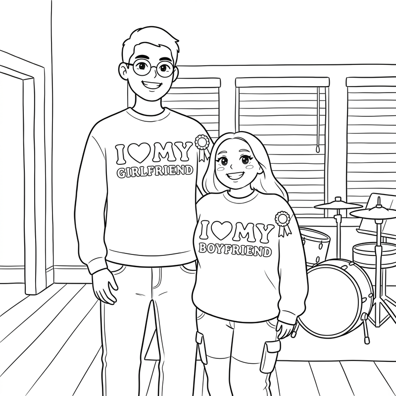Matching-sweaters couple coloring page made from a photo
