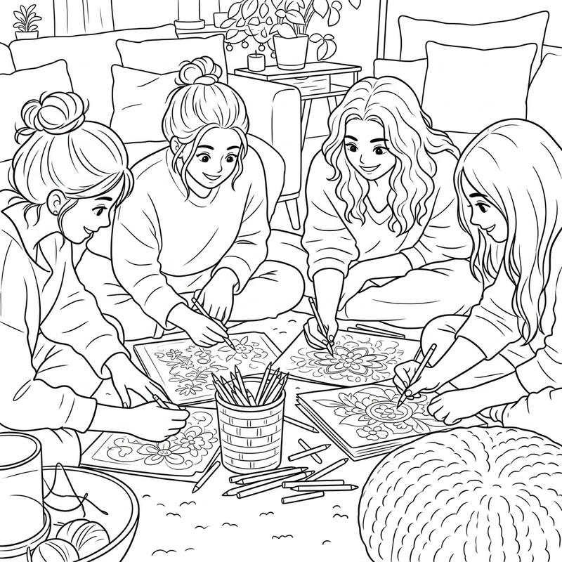 Friends coloring together, coloring page made from a photo
