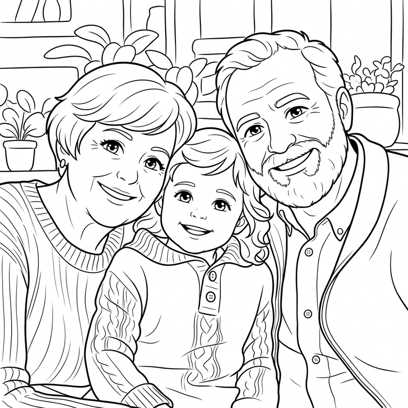 Grandparents and grandchild coloring page made from a photo