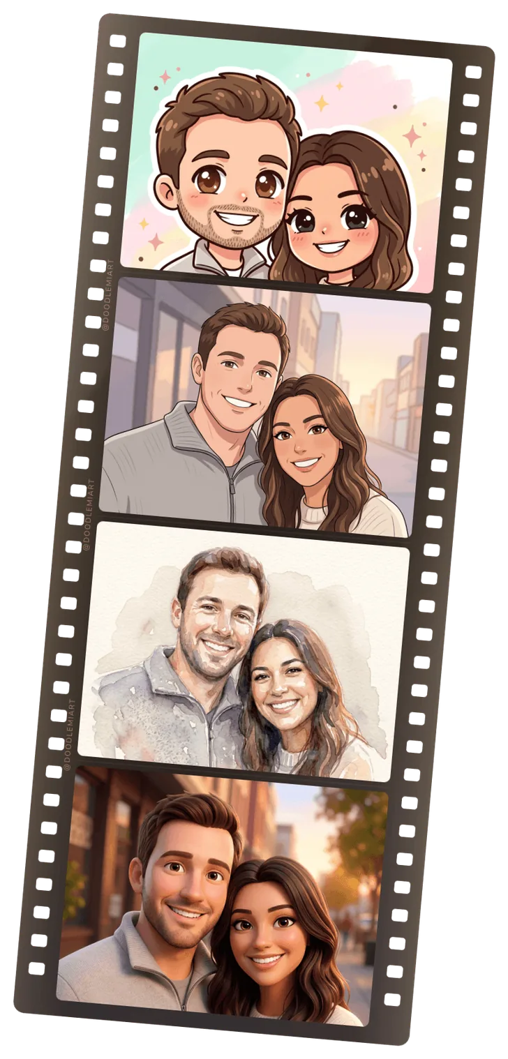 A photo-booth film strip of the same couple drawn in four styles